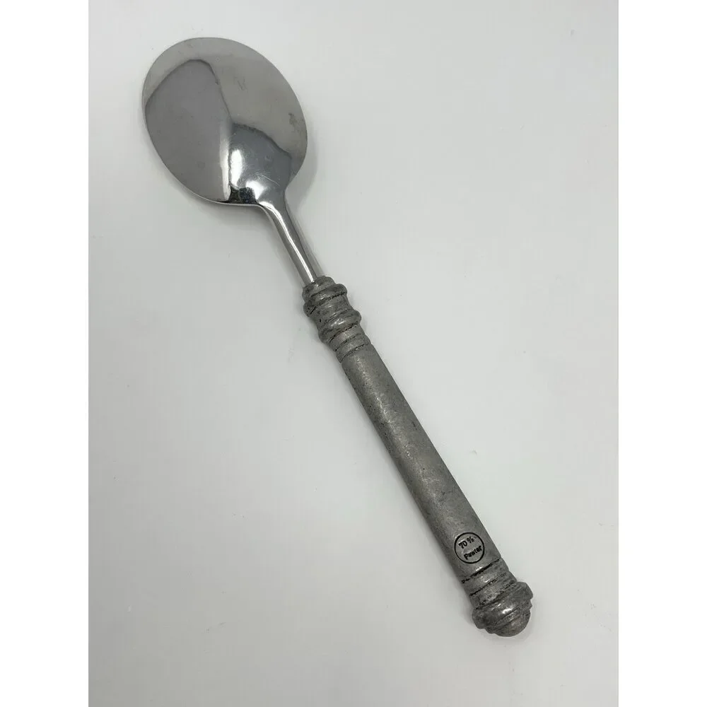 Pottery Barn 70% PEWTER Banded Handle & Stainless Place Dinner Soup Spoon 8 3/8”